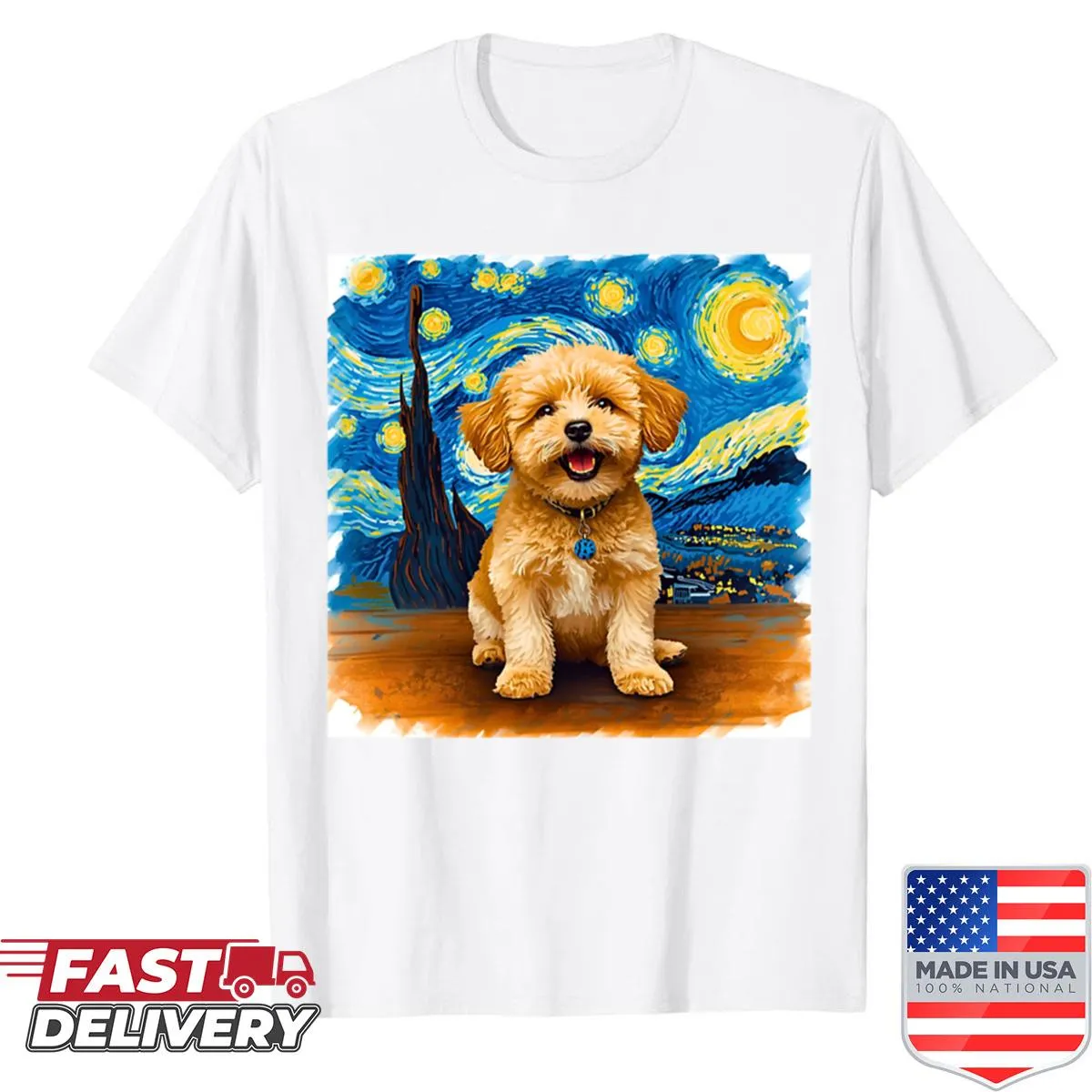 Whimsical crayon art of a Maltipoo on a starry night shirt