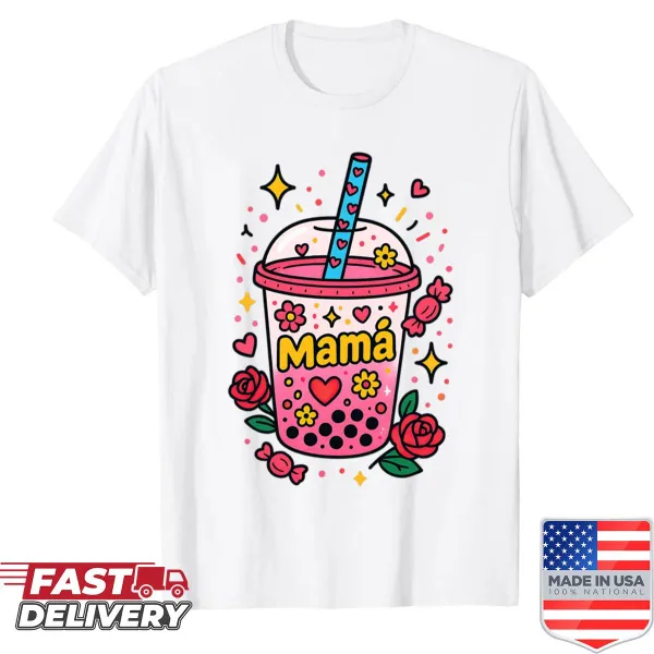 Whimsical shirt featuring a bubble drink illustration for moms.