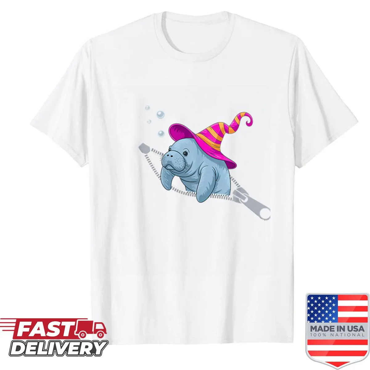 Halloween-themed shirt featuring a manatee humorously emerging from a zipper