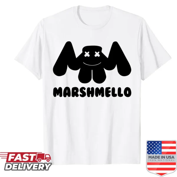 Illustration of the Marshmello band logo on a playful shirt.