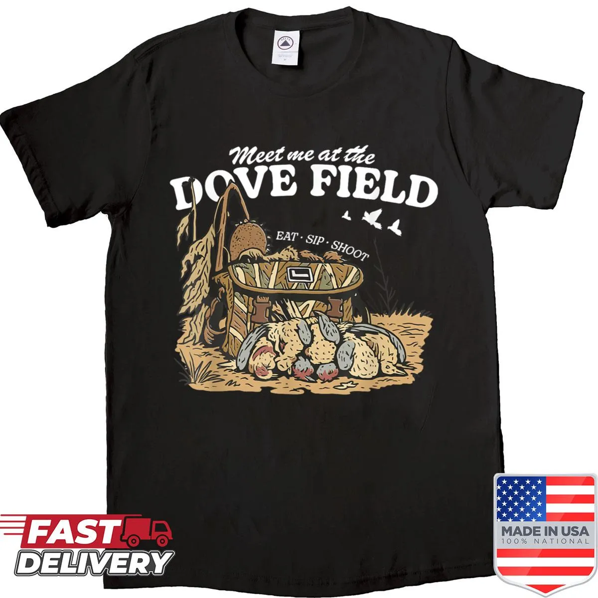 Camo dove hunting shirt with cartoon bag design for outdoor lovers