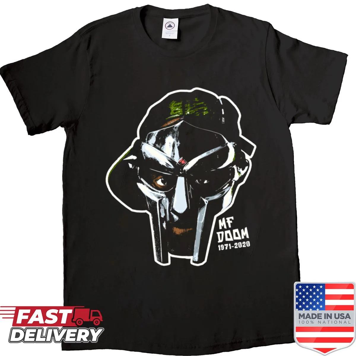 Halftone illustration of Mf Doom on a stylish shirt