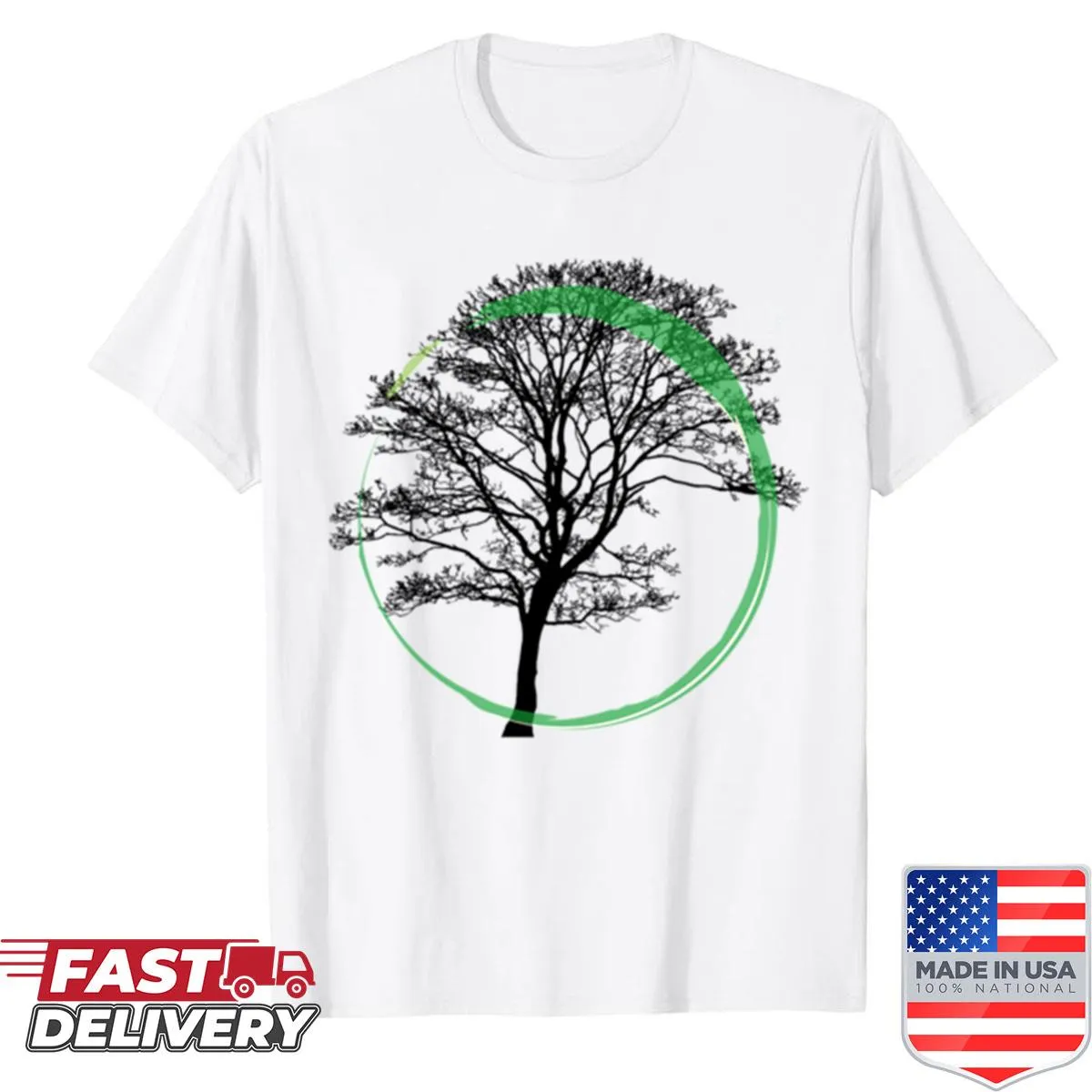 Minimalist shirt with tree silhouette and green circle graphic