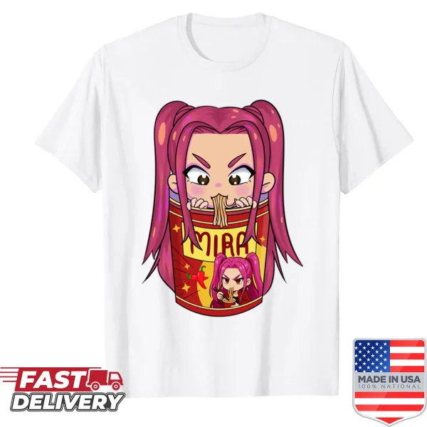Anime-themed shirt featuring Mira and whimsical noodle designs