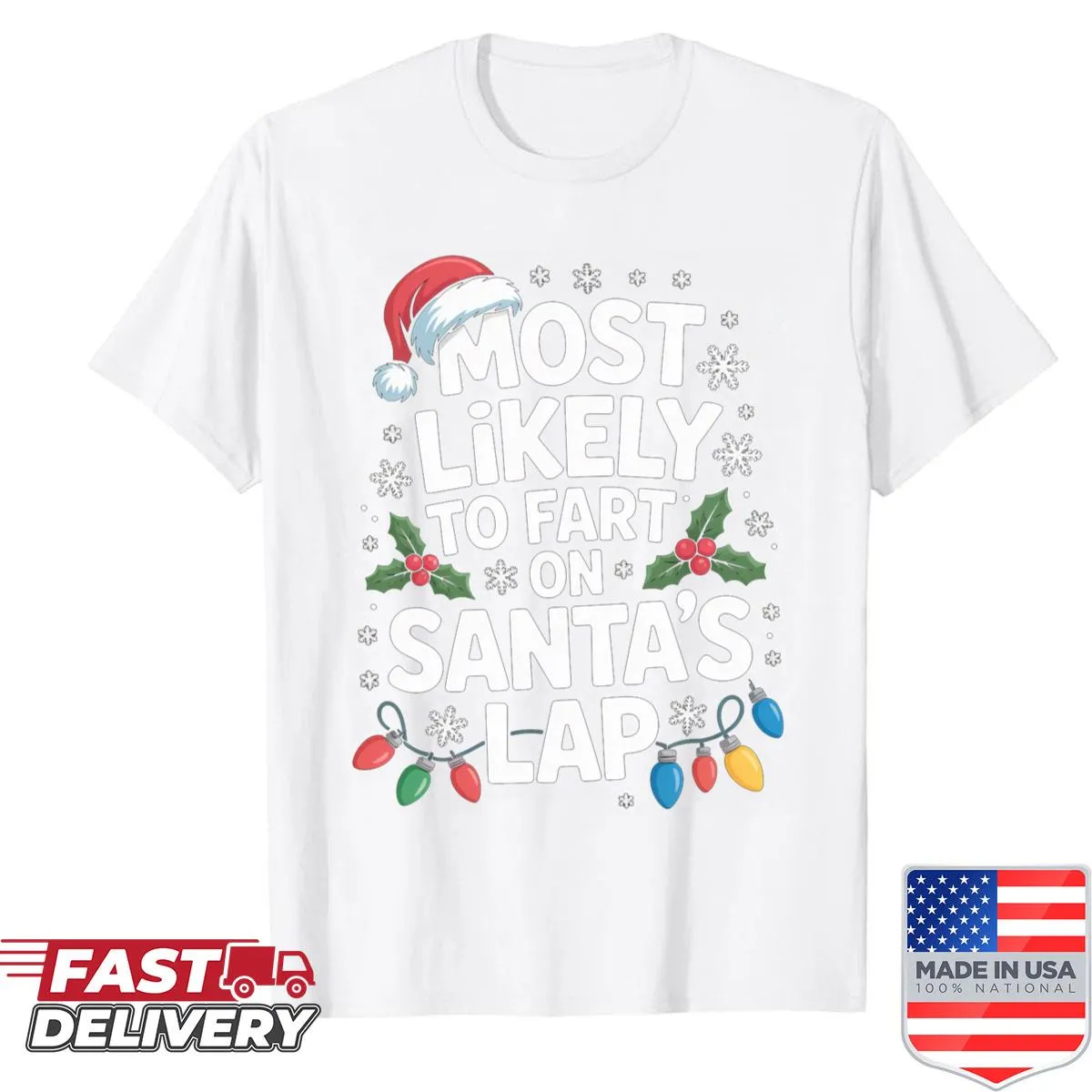 Humorous Christmas shirt with text about Santa's lap