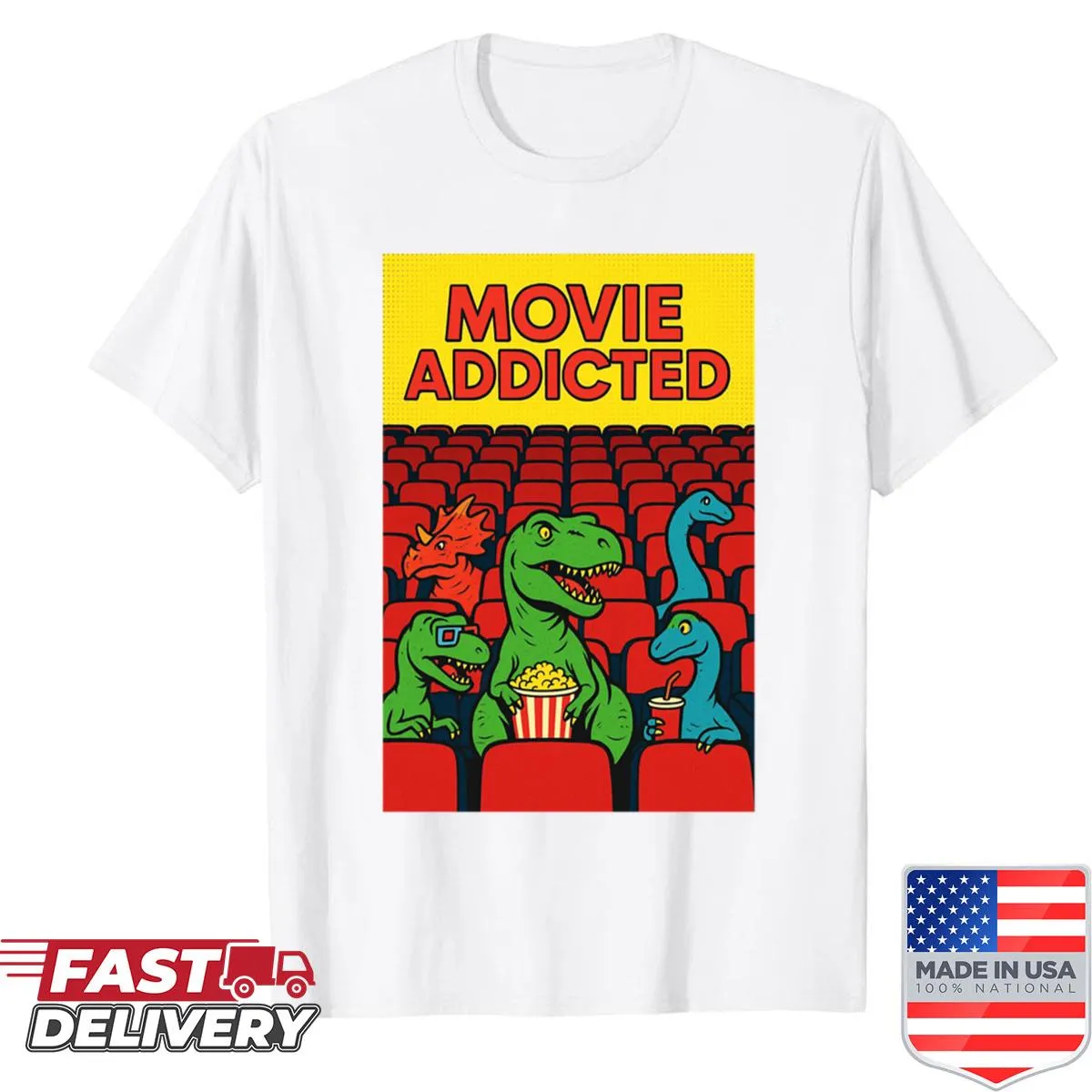Pop art dinosaur with glasses and film reels on a graphic tee