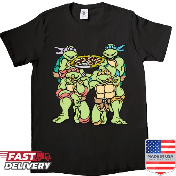 Cartoon of Ninja Turtles at a pizza party on a shirt