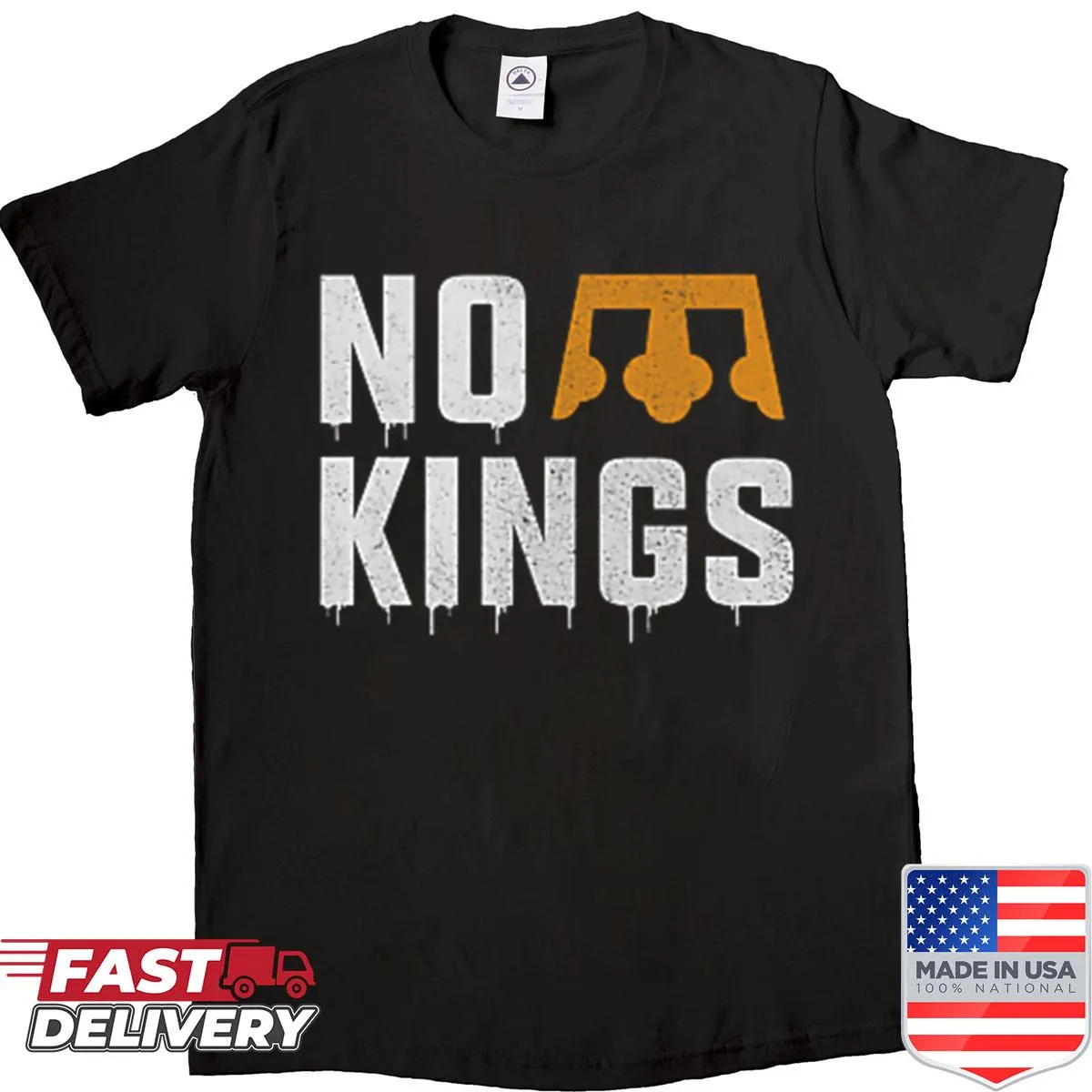 Two-sided shirt with a bold 'No Kings' typography design