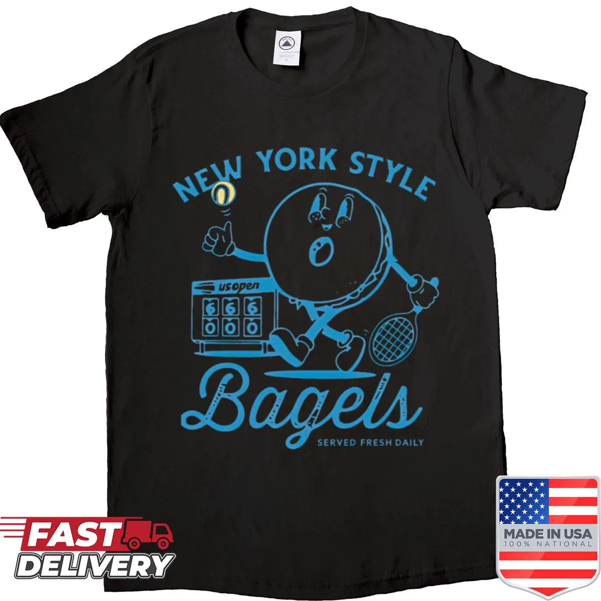 Vintage-style T-shirt featuring a bagel and tennis design