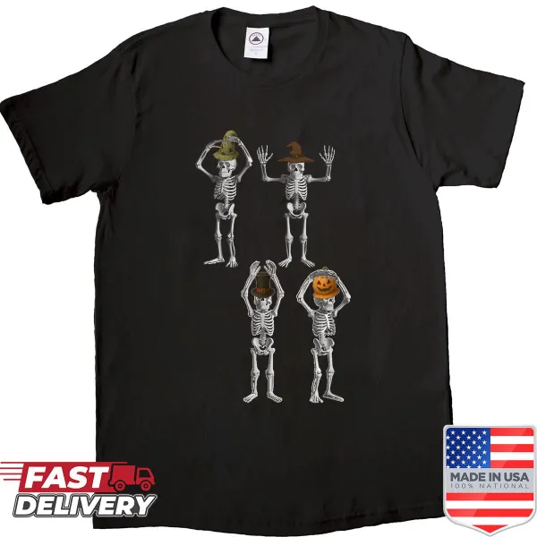 Halloween shirt with skeletons, witches, and pumpkins spelling 'O-h-i-o'