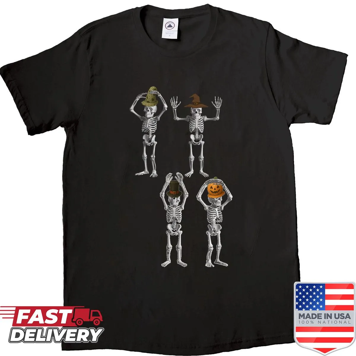 Halloween shirt with skeletons, witches, and pumpkins spelling 'O-h-i-o'