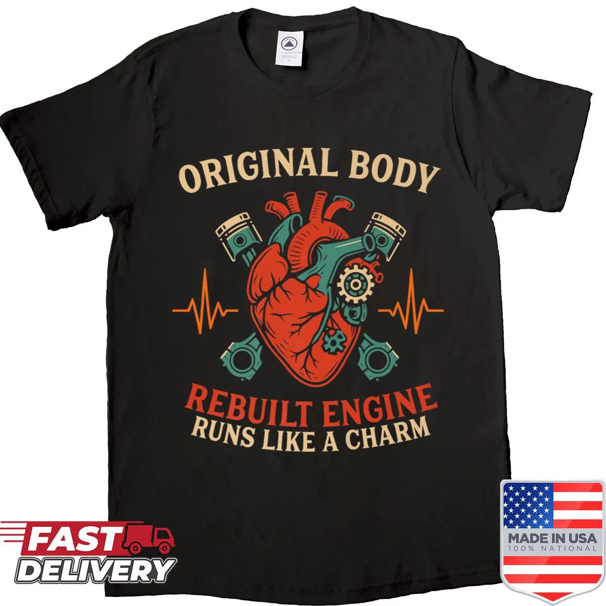 Illustration of a heart surgery theme with automotive elements on a T-shirt