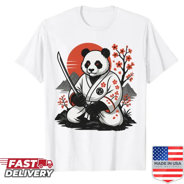 Illustrated panda samurai graphic representing strength and peace