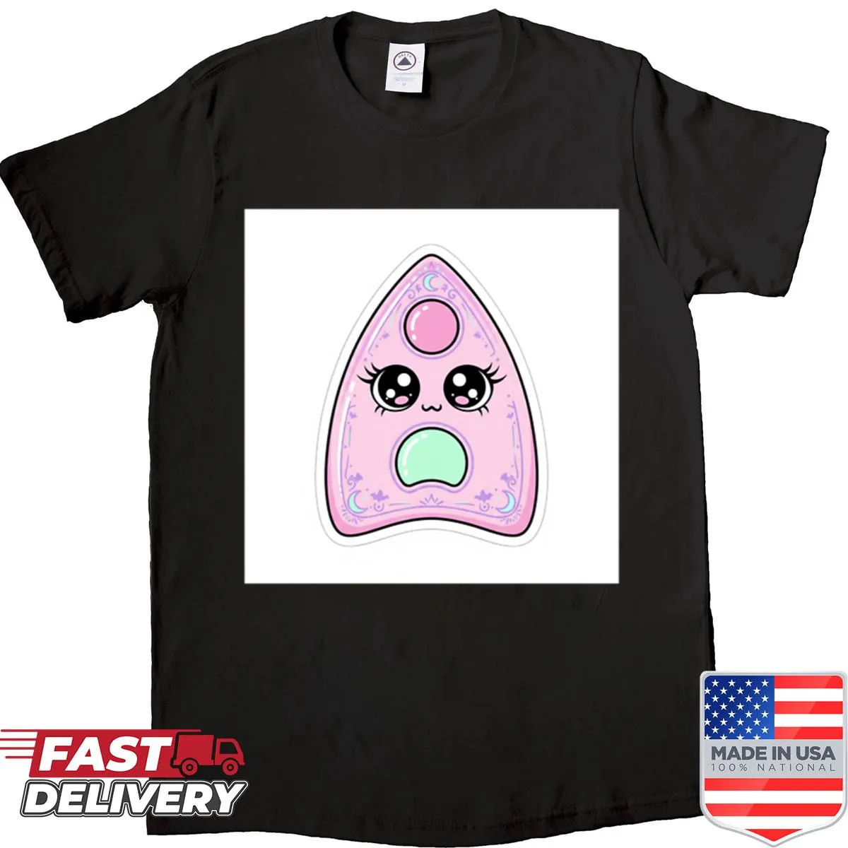 Pastel pink watercolor planchette graphic on a shirt