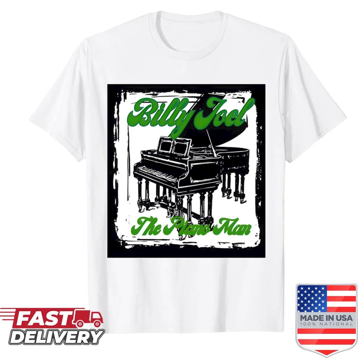 Illustrated Piano Man tribute shirt featuring a piano design