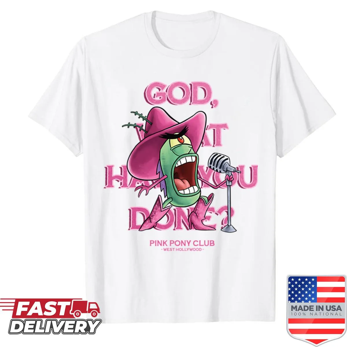 Cartoon style Plankton singing from Pink Pony Club