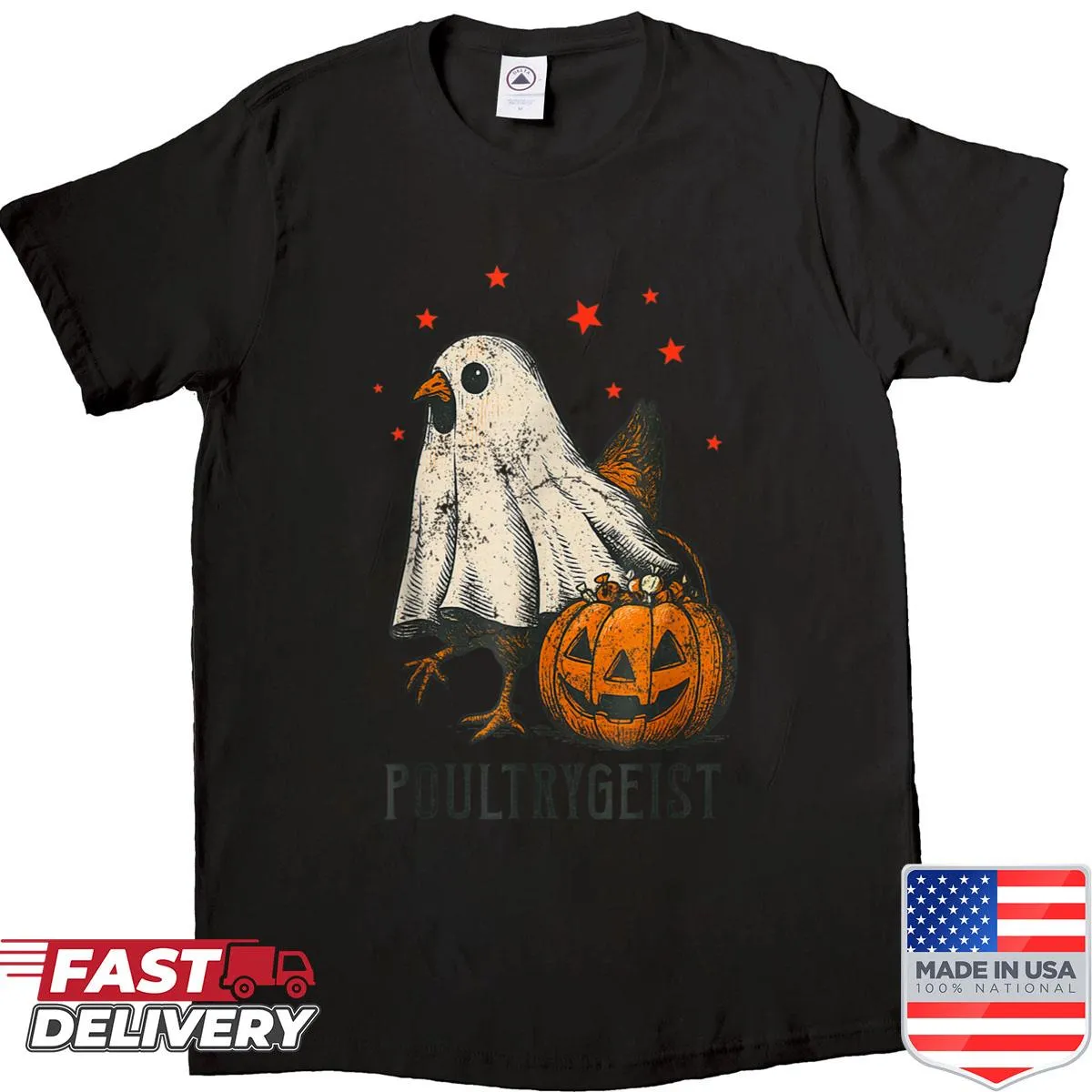 Funny Halloween shirt with chicken ghost and pumpkin graphic