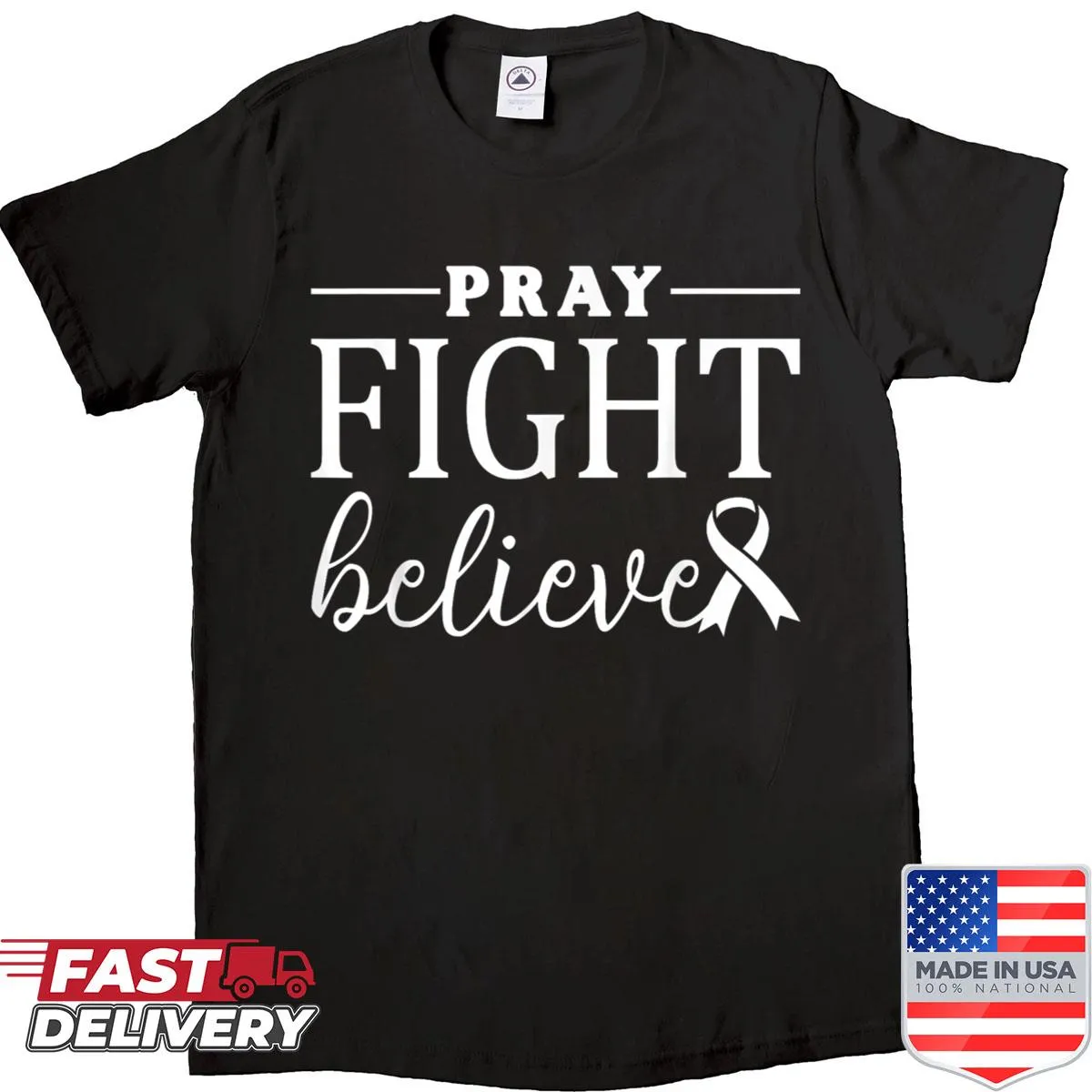 Inspirational shirt with the words Pray, Fight, Believe for breast cancer awareness