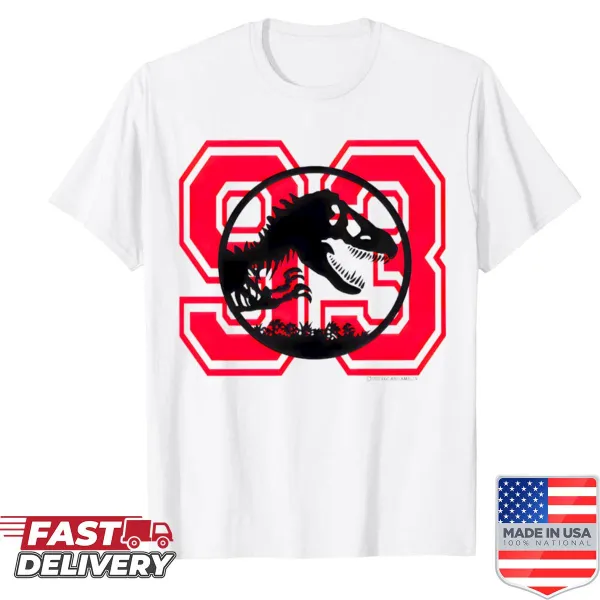 T-shirt with a prehistoric jungle scene illustration featuring dinosaurs