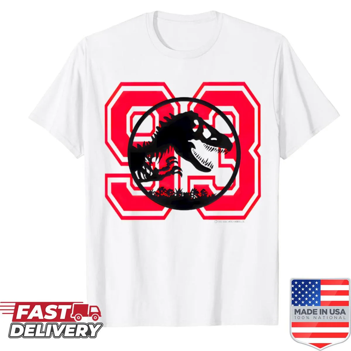 T-shirt with a prehistoric jungle scene illustration featuring dinosaurs