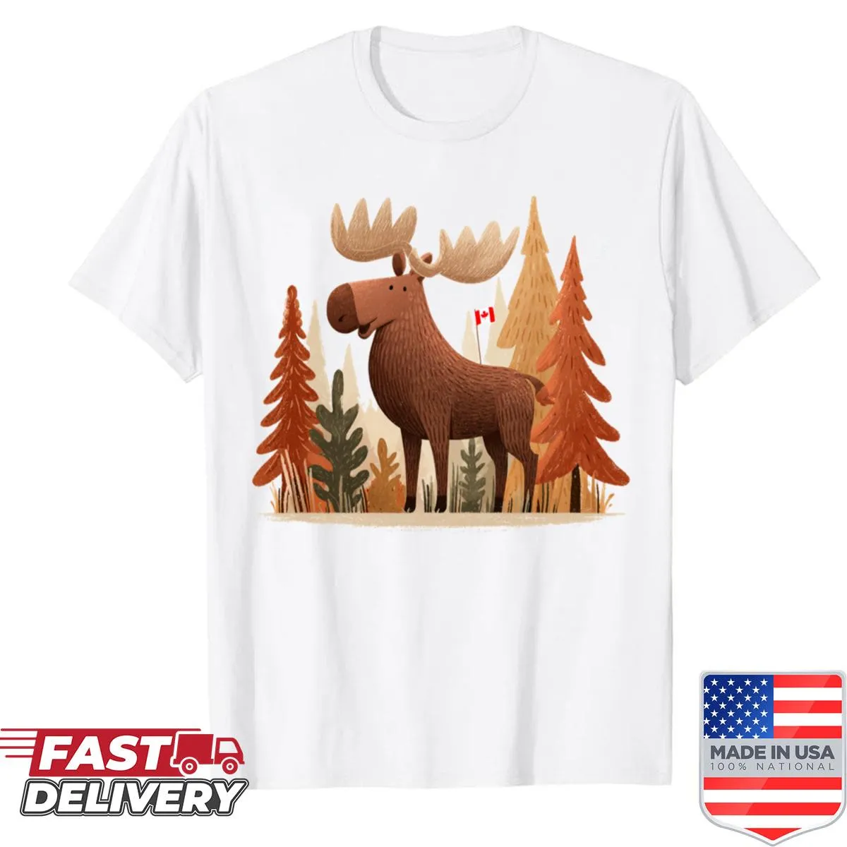 Charming moose in costume illustration on a shirt celebrating Canada