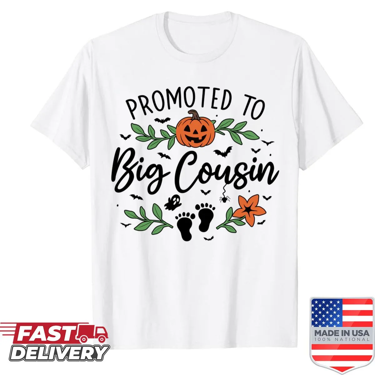 Halloween t-shirt with Promoted To Big Cousin text for family announcement