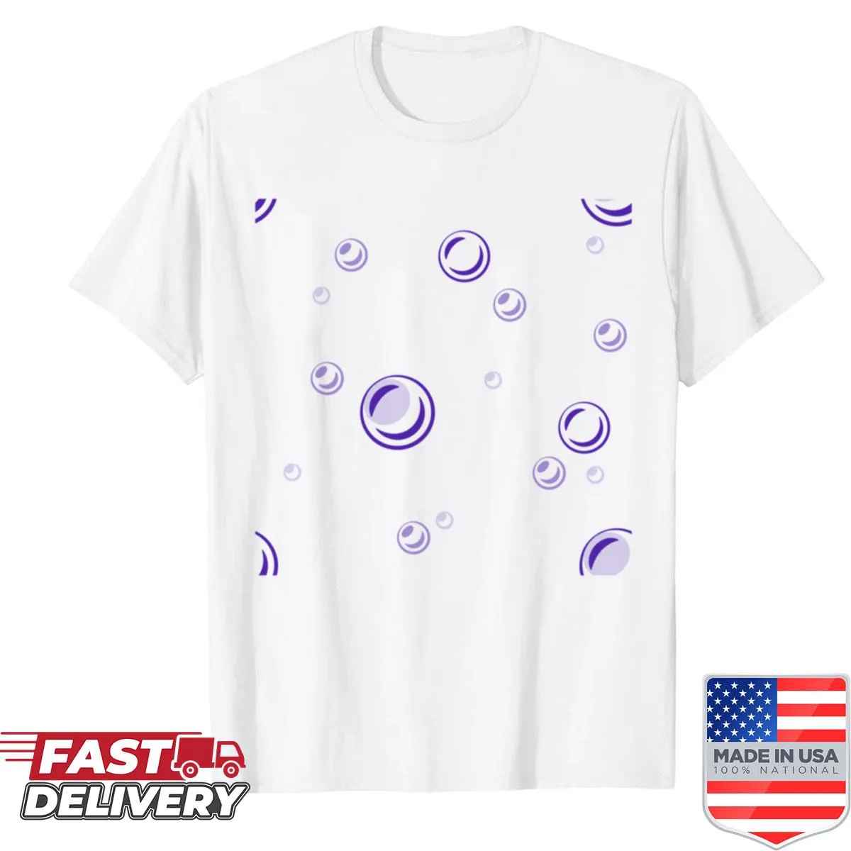 Playful design of purple bubbles on a pink background shirt