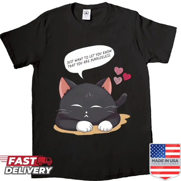 Cute illustration of a cat with the words Purriceless Love on a shirt