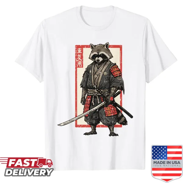 Illustrated raccoon samurai shirt with katana design.