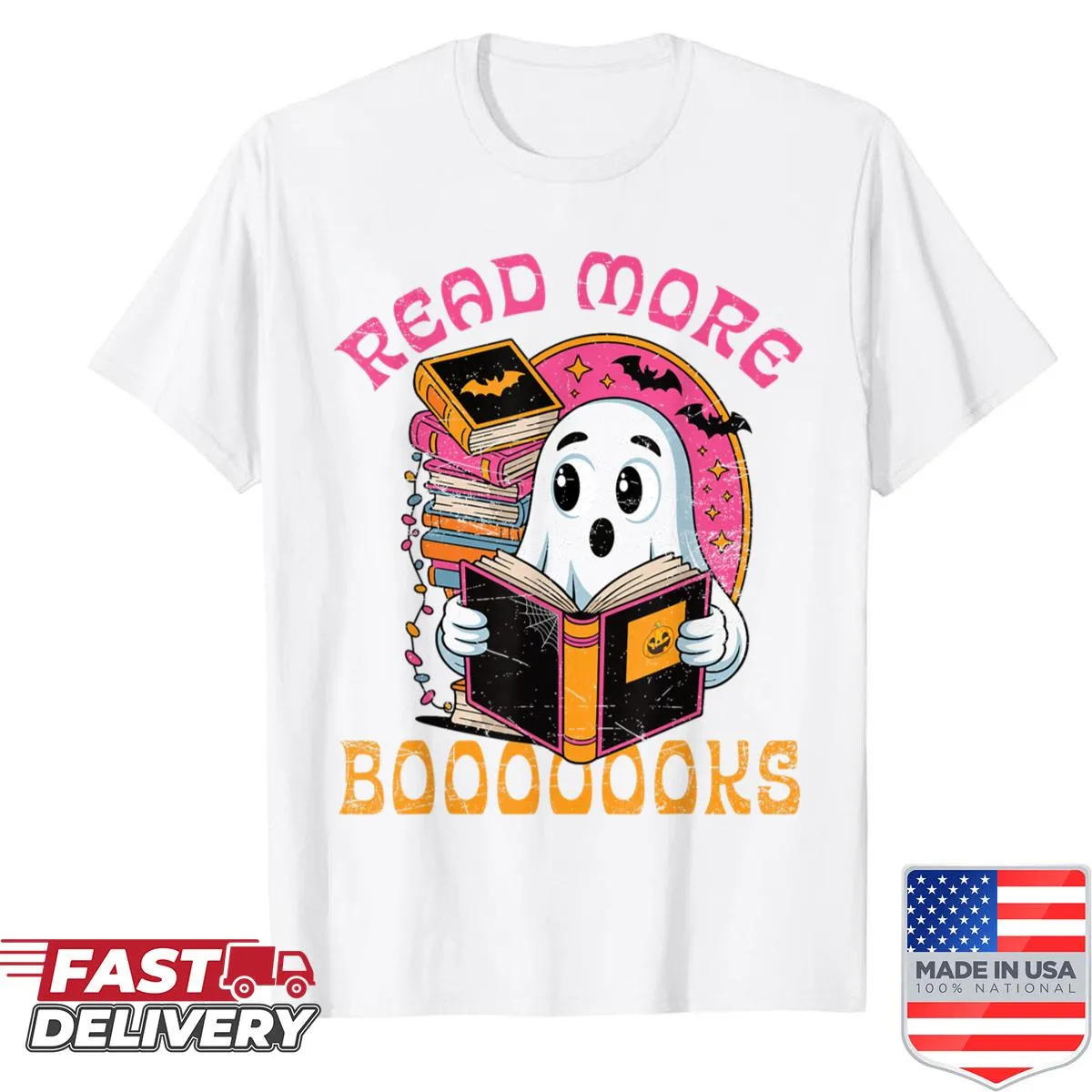 Ghost reading a book with Halloween theme on a teacher shirt.
