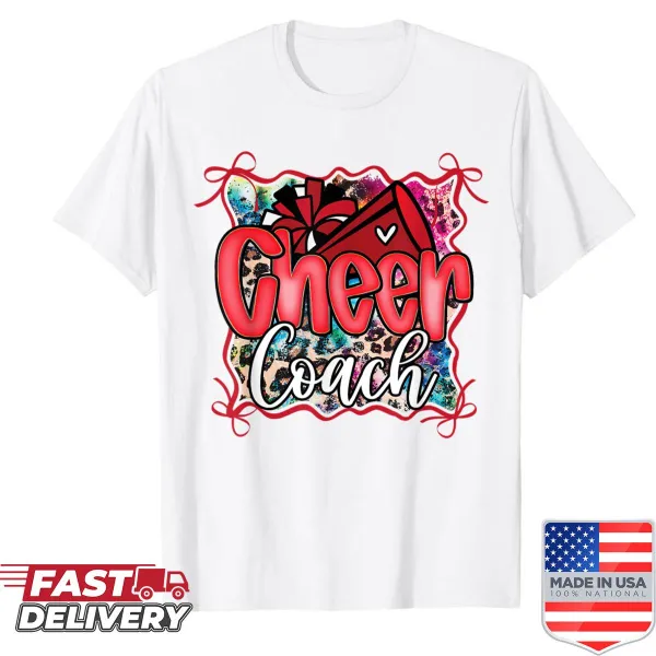 Cheer coach dad shirt with pom poms and megaphone graphics.