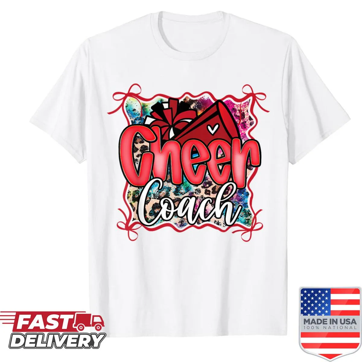 Cheer coach dad shirt with pom poms and megaphone graphics.