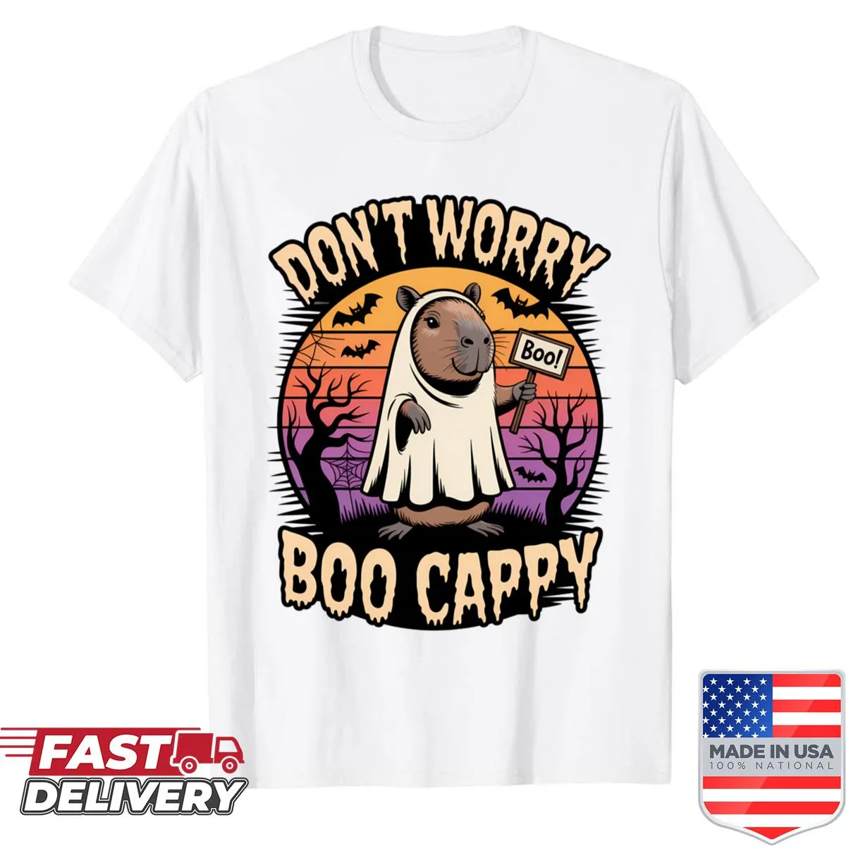 Retro capybara ghost with 'Don't Worry Boo' text on a shirt.