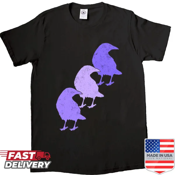 Cute cartoon raven silhouettes on a retro distressed t-shirt