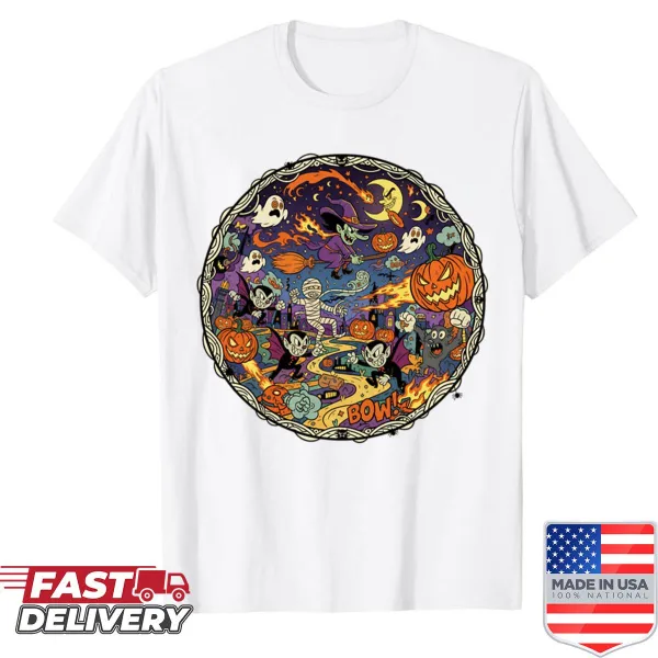 Retro Halloween-themed shirt with witches, vampires, and pumpkins