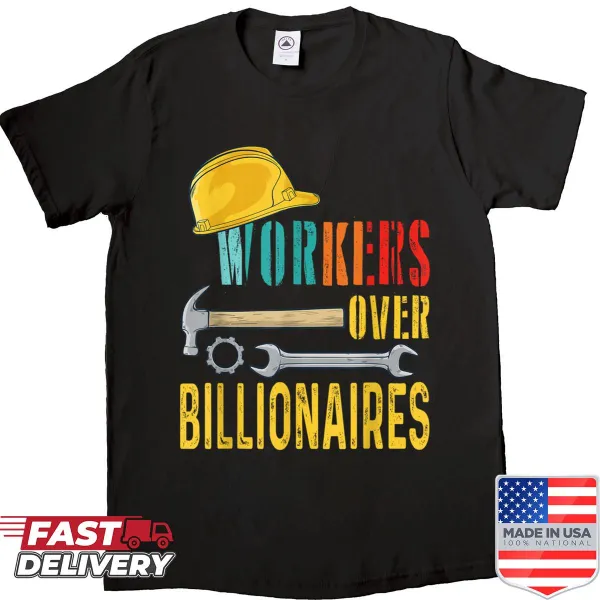 Vintage-inspired typography celebrating workers over billionaires on a t-shirt