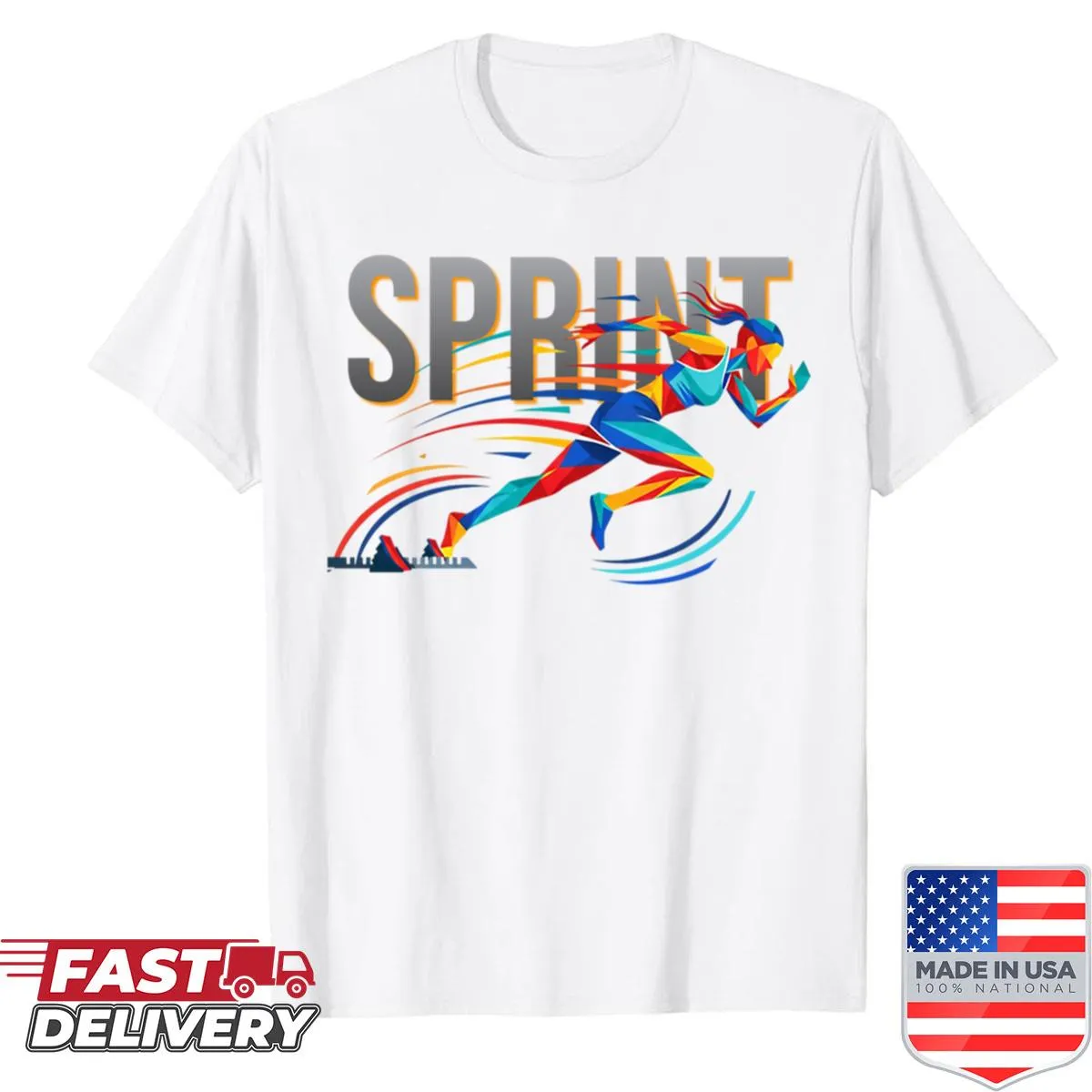 Inspirational running shirt featuring a sprinting girl graphic.