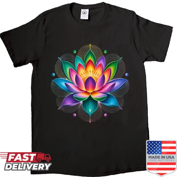 Illustrated sacred lotus and mandala design on a t-shirt