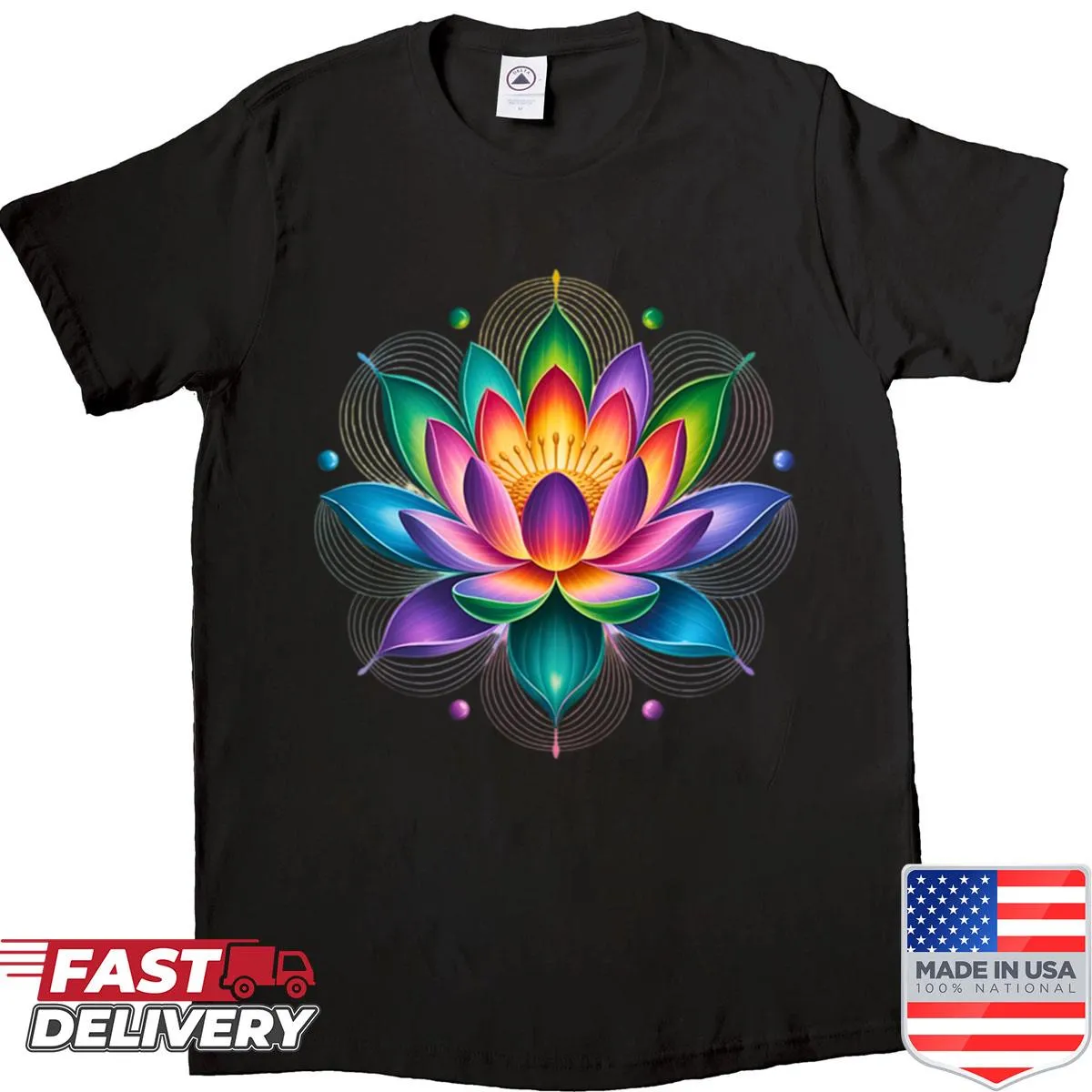 Illustrated sacred lotus and mandala design on a t-shirt