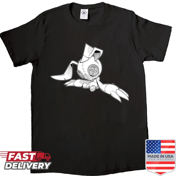Cartoon sad bunny graphic on shirt