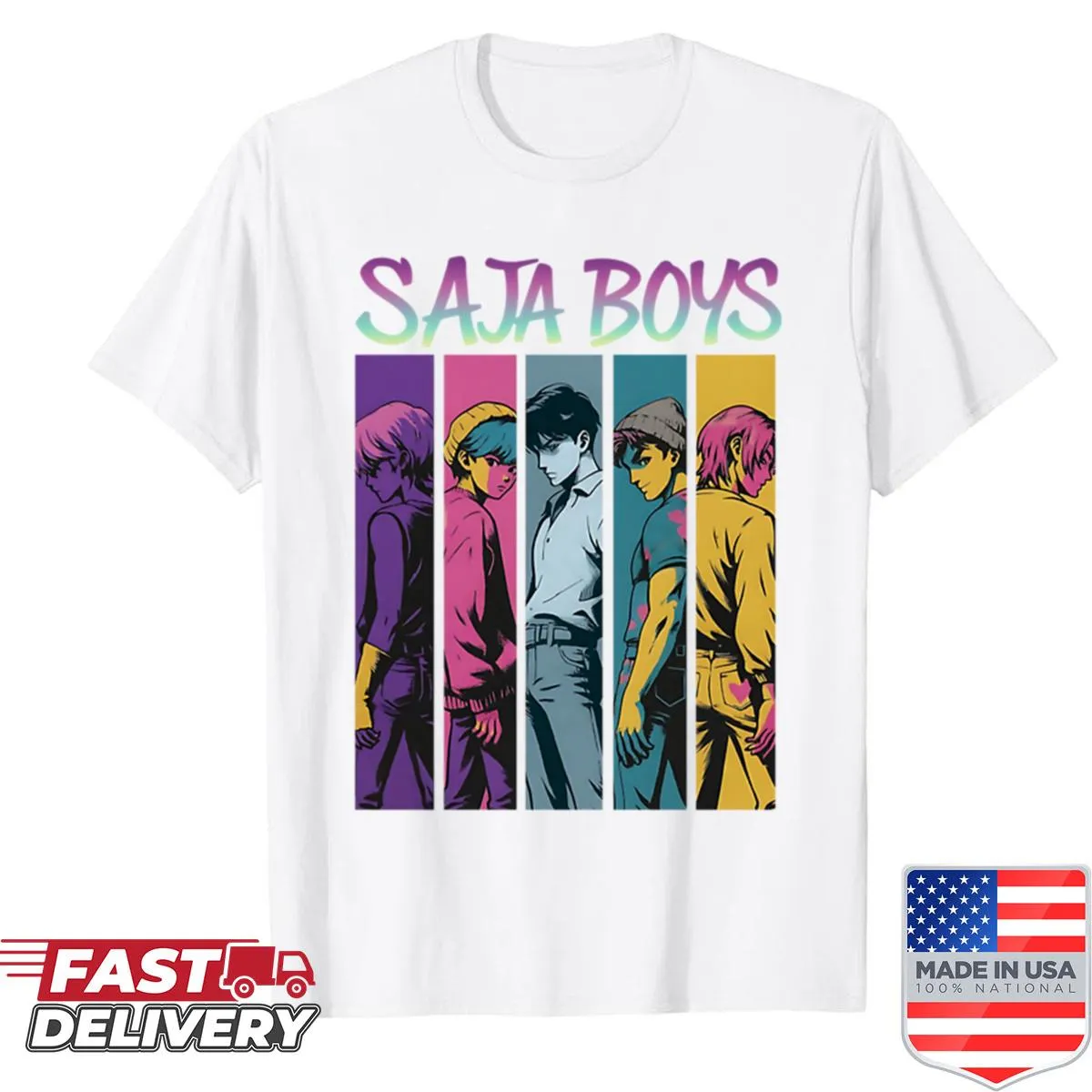 Pop art panel design shirt featuring abstract shapes and figures
