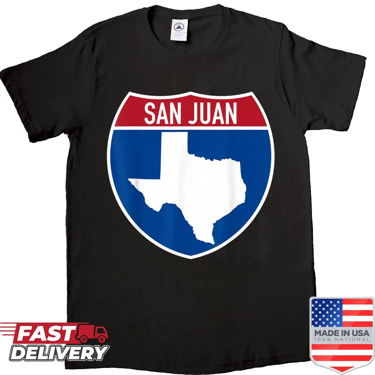 T-shirt featuring an illustration of San Juan, Texas, with a highway sign design.
