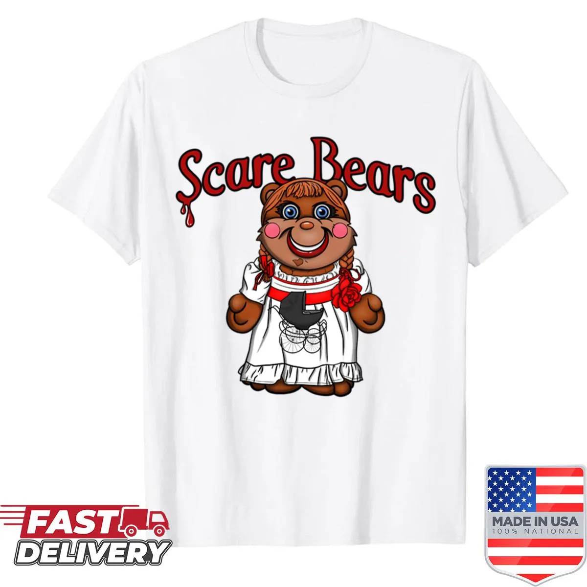 Eerie bear character illustration shirt with doll-like features