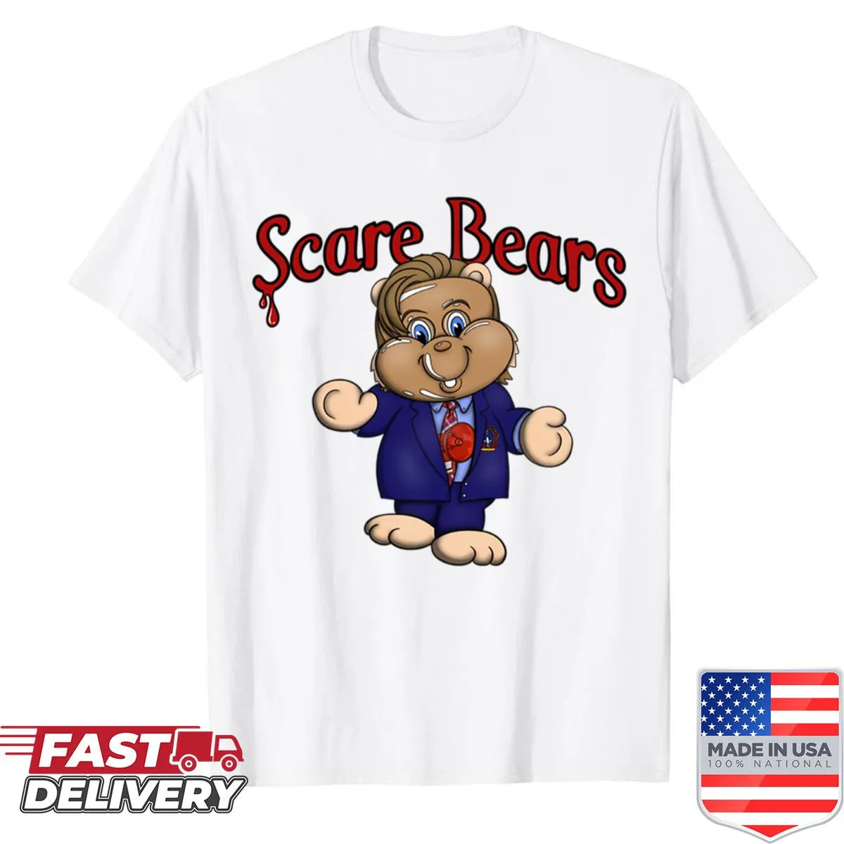 Playful illustration of patriotic bears on the Scare Bears shirt.