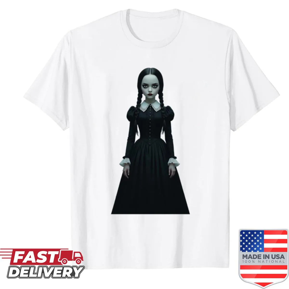 Illustration of Wednesday Addams in a spooky design on a shirt