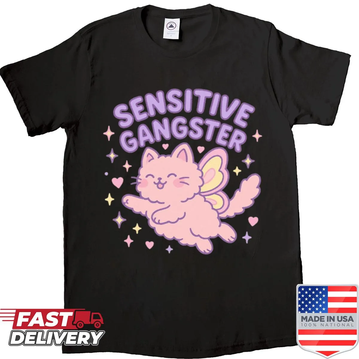 Hand-lettered shirt featuring a sensitive gangster cat dressed as a fairy