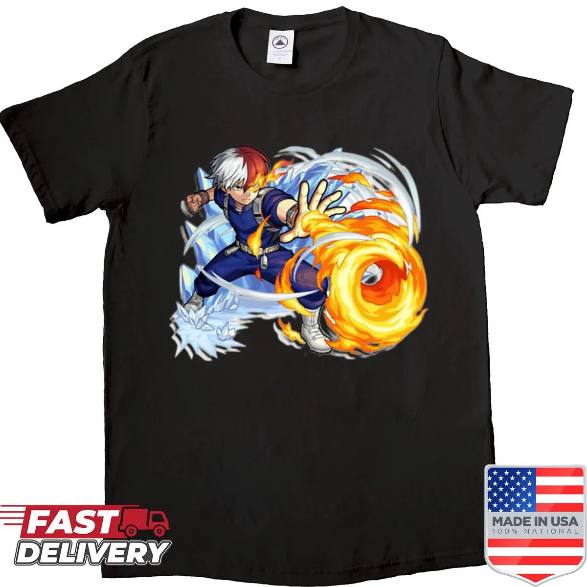 Illustration shirt of Shoto Todoroki showcasing his ice and fire powers