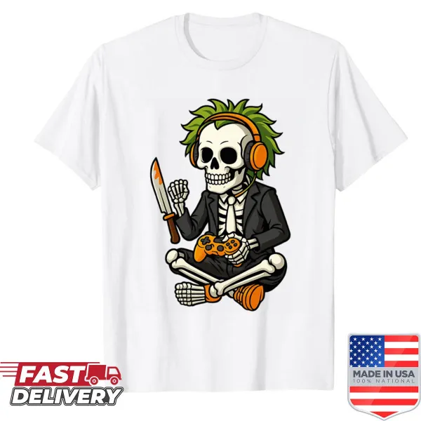 Skeleton gamer art T-shirt with knife and controller