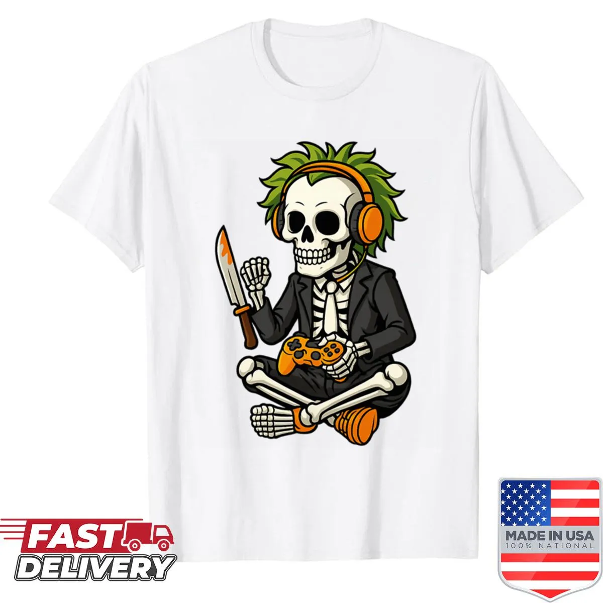 Skeleton gamer art T-shirt with knife and controller