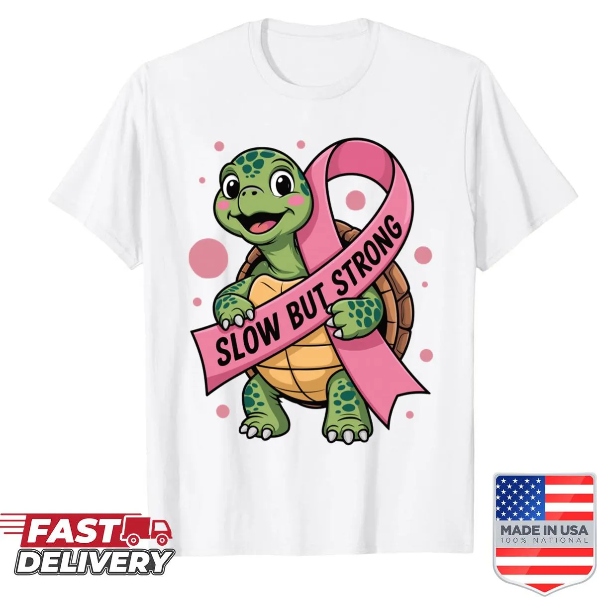 Inspirational turtle design for breast cancer awareness on a shirt.